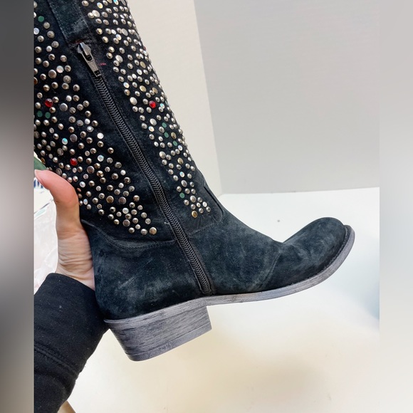 Beverly Feldman Western Boots Black Suede Leather Rhinestone Multi-Color Size 9 - Picture 14 of 14